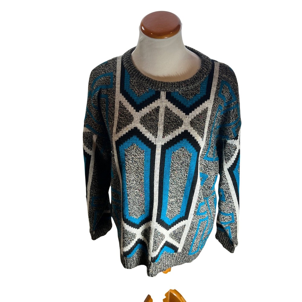 Vintage Adam Sloane Geometric Granny‎ Core Knit Sweater Large Blue Gray Retro